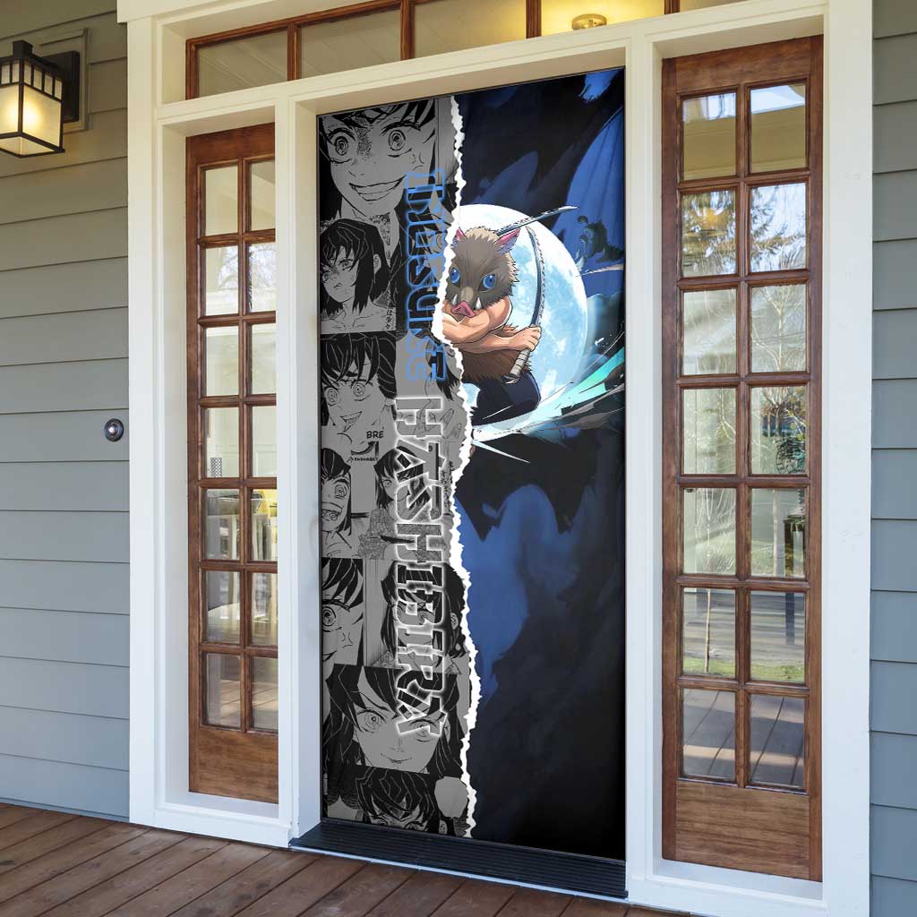 Inosuke Demon Slayer Blue and Black Theme Door Cover with Boar Mask and Manga Collage Action Design - The Mazicc
