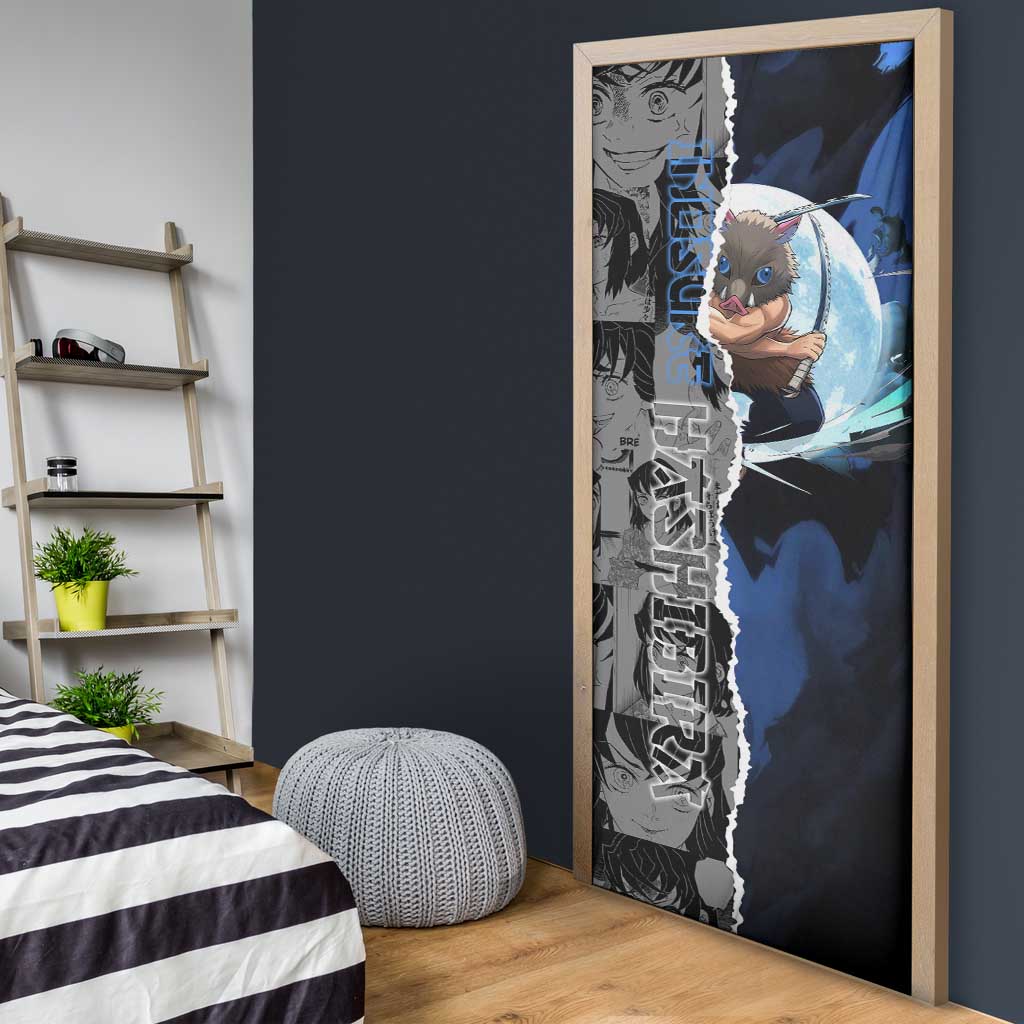 Inosuke Demon Slayer Blue and Black Theme Door Cover with Boar Mask and Manga Collage Action Design - The Mazicc