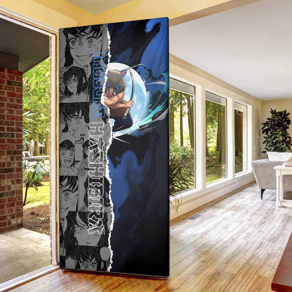 Inosuke Demon Slayer Blue and Black Theme Door Cover with Boar Mask and Manga Collage Action Design - The Mazicc