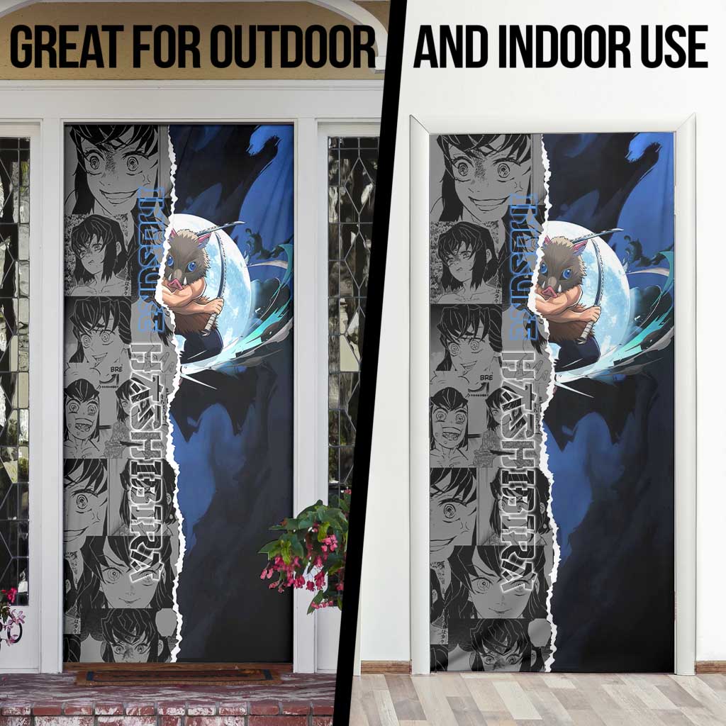Inosuke Demon Slayer Blue and Black Theme Door Cover with Boar Mask and Manga Collage Action Design - The Mazicc