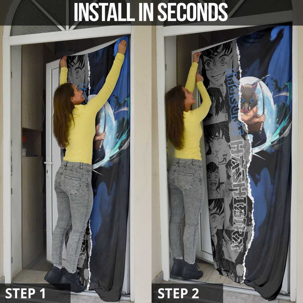 Inosuke Demon Slayer Blue and Black Theme Door Cover with Boar Mask and Manga Collage Action Design - The Mazicc