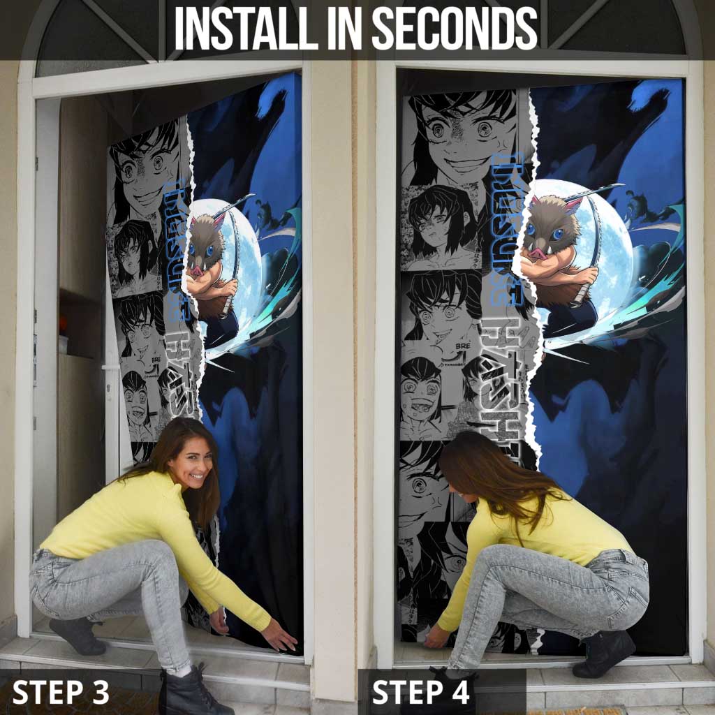 Inosuke Demon Slayer Blue and Black Theme Door Cover with Boar Mask and Manga Collage Action Design - The Mazicc