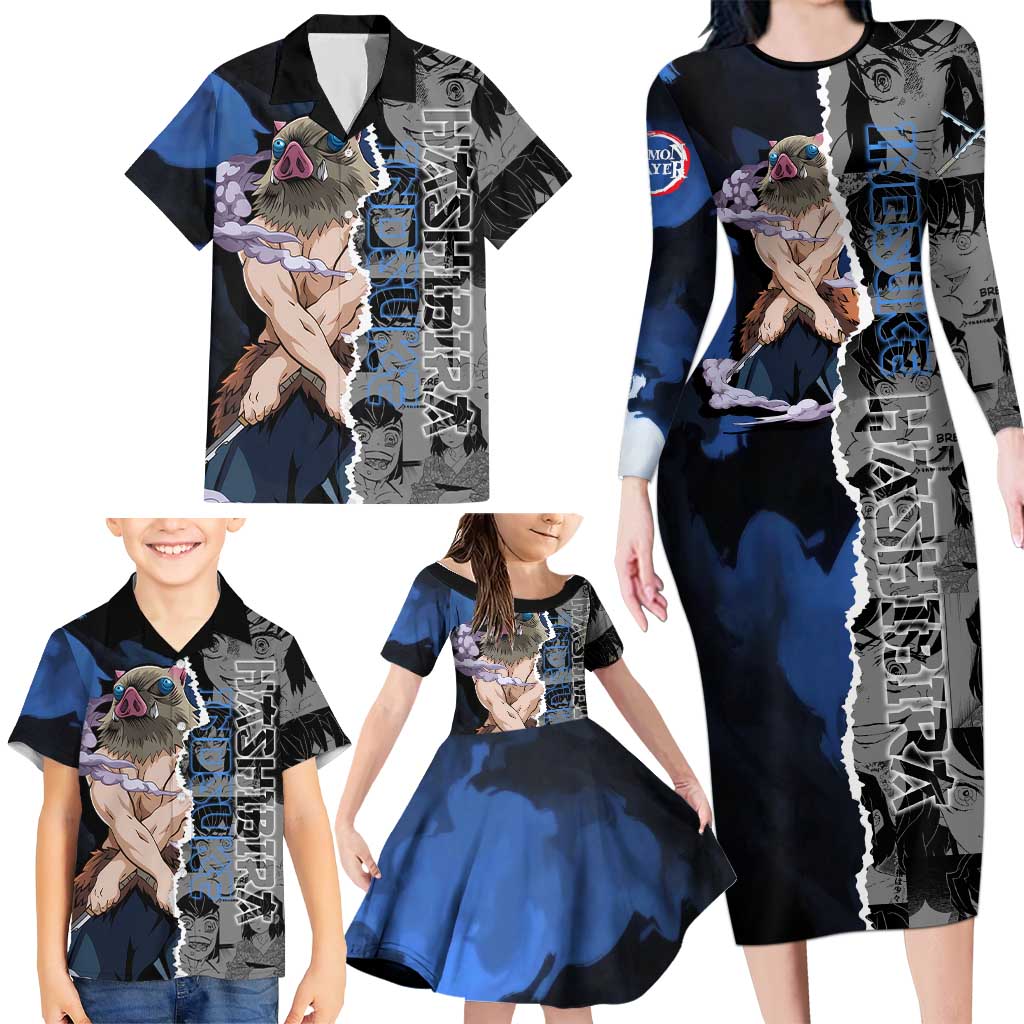 Inosuke Demon Slayer Blue and Black Theme Family Matching Long Sleeve Bodycon Dress and Hawaiian Shirt with Boar Mask and Manga Collage Action Design