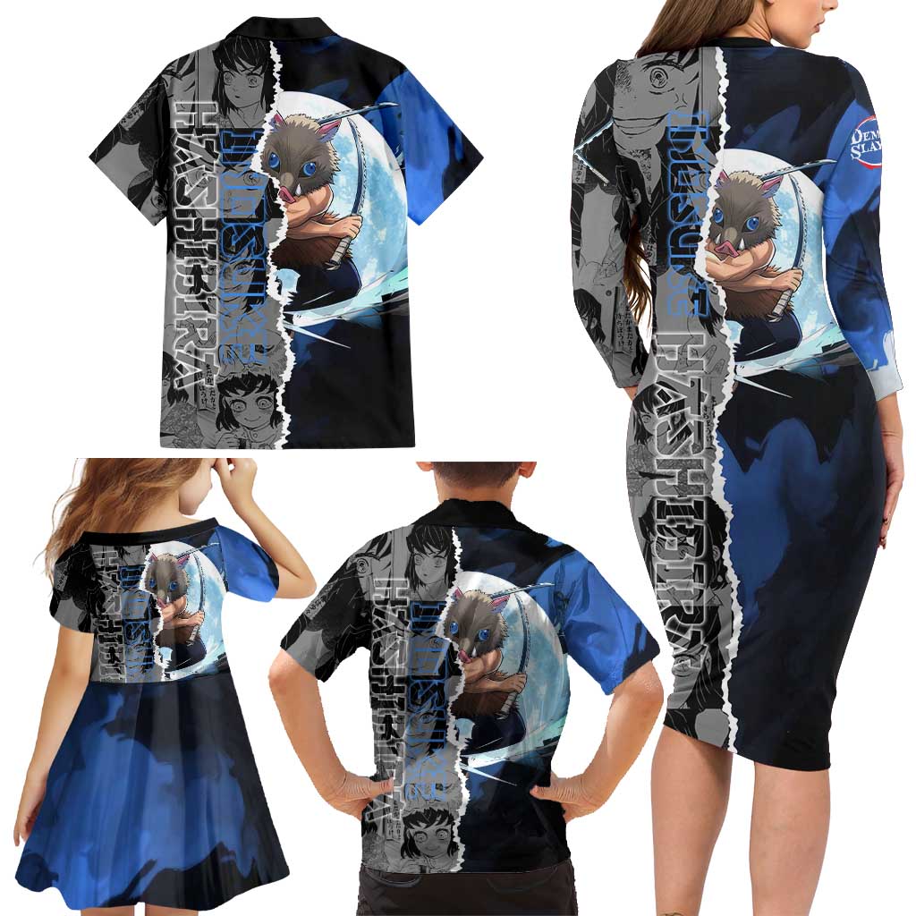 Inosuke Demon Slayer Blue and Black Theme Family Matching Long Sleeve Bodycon Dress and Hawaiian Shirt with Boar Mask and Manga Collage Action Design