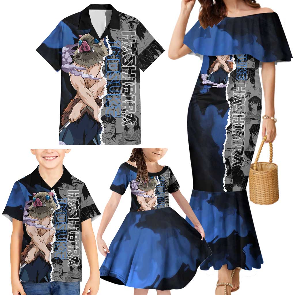 Inosuke Demon Slayer Blue and Black Theme Family Matching Mermaid Dress and Hawaiian Shirt with Boar Mask and Manga Collage Action Design