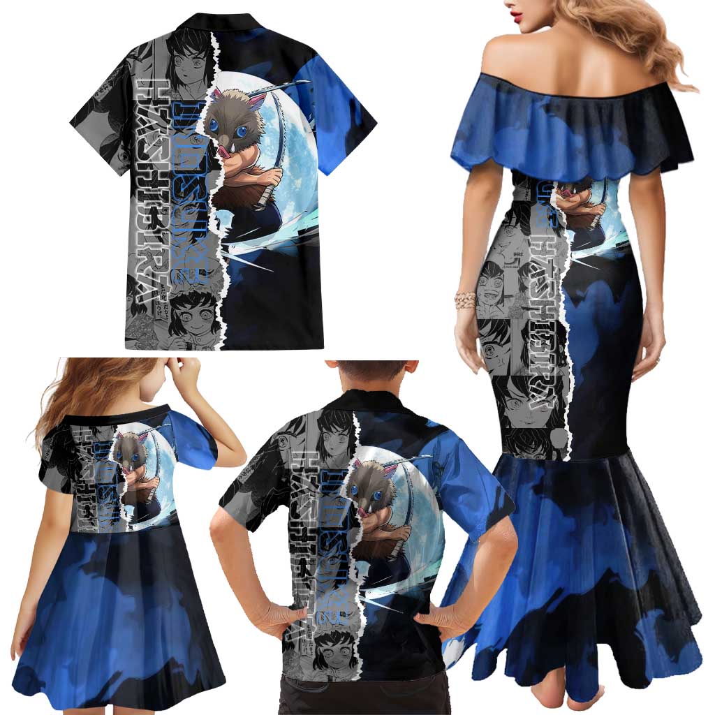 Inosuke Demon Slayer Blue and Black Theme Family Matching Mermaid Dress and Hawaiian Shirt with Boar Mask and Manga Collage Action Design