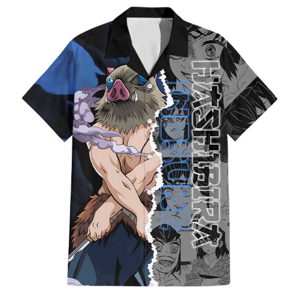 Inosuke Demon Slayer Blue and Black Theme Family Matching Mermaid Dress and Hawaiian Shirt with Boar Mask and Manga Collage Action Design