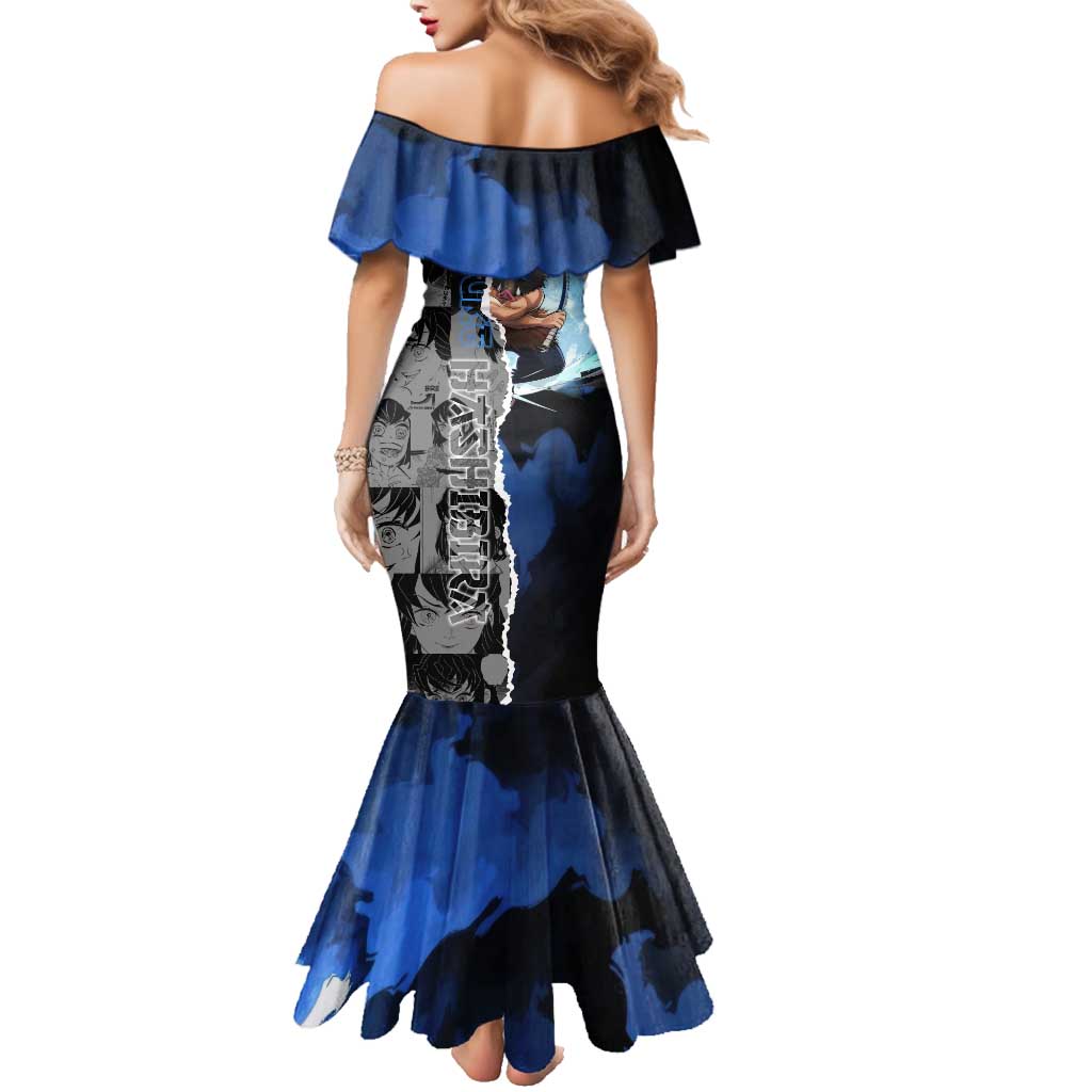 Inosuke Demon Slayer Blue and Black Theme Family Matching Mermaid Dress and Hawaiian Shirt with Boar Mask and Manga Collage Action Design