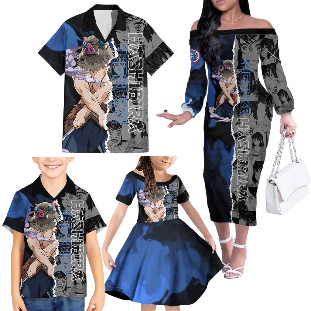 Inosuke Demon Slayer Blue and Black Theme Family Matching Off The Shoulder Long Sleeve Dress and Hawaiian Shirt with Boar Mask and Manga Collage Action Design