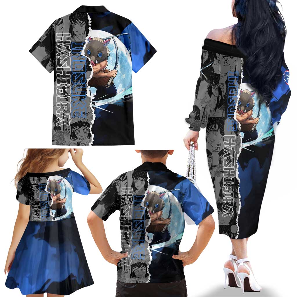Inosuke Demon Slayer Blue and Black Theme Family Matching Off The Shoulder Long Sleeve Dress and Hawaiian Shirt with Boar Mask and Manga Collage Action Design