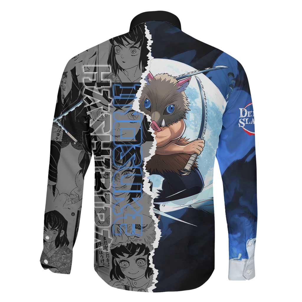 Inosuke Demon Slayer Blue and Black Theme Family Matching Off The Shoulder Long Sleeve Dress and Hawaiian Shirt with Boar Mask and Manga Collage Action Design