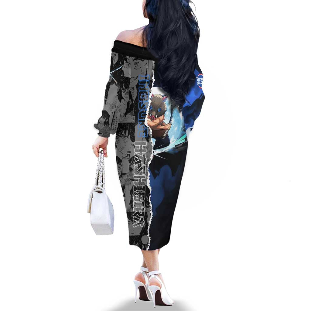 Inosuke Demon Slayer Blue and Black Theme Family Matching Off The Shoulder Long Sleeve Dress and Hawaiian Shirt with Boar Mask and Manga Collage Action Design