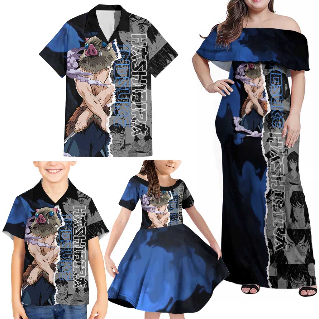 Inosuke Demon Slayer Blue and Black Theme Family Matching Off Shoulder Maxi Dress and Hawaiian Shirt with Boar Mask and Manga Collage Action Design