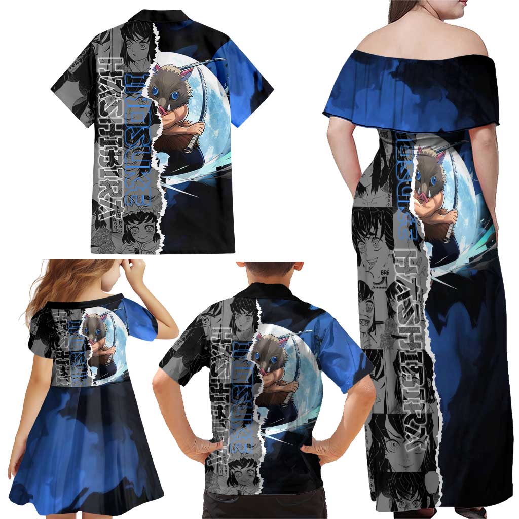 Inosuke Demon Slayer Blue and Black Theme Family Matching Off Shoulder Maxi Dress and Hawaiian Shirt with Boar Mask and Manga Collage Action Design