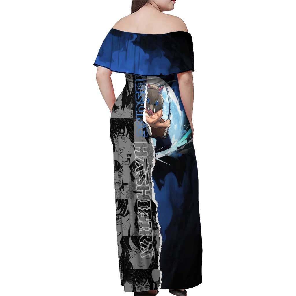 Inosuke Demon Slayer Blue and Black Theme Family Matching Off Shoulder Maxi Dress and Hawaiian Shirt with Boar Mask and Manga Collage Action Design