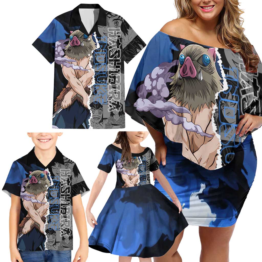 Inosuke Demon Slayer Blue and Black Theme Family Matching Off Shoulder Short Dress and Hawaiian Shirt with Boar Mask and Manga Collage Action Design