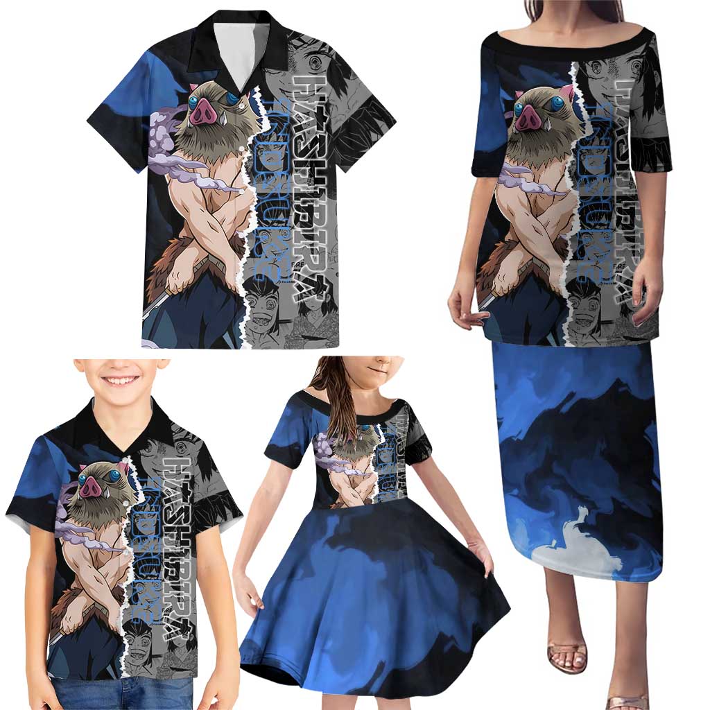 Inosuke Demon Slayer Blue and Black Theme Family Matching Puletasi and Hawaiian Shirt with Boar Mask and Manga Collage Action Design