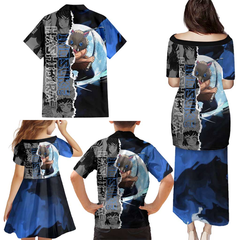 Inosuke Demon Slayer Blue and Black Theme Family Matching Puletasi and Hawaiian Shirt with Boar Mask and Manga Collage Action Design