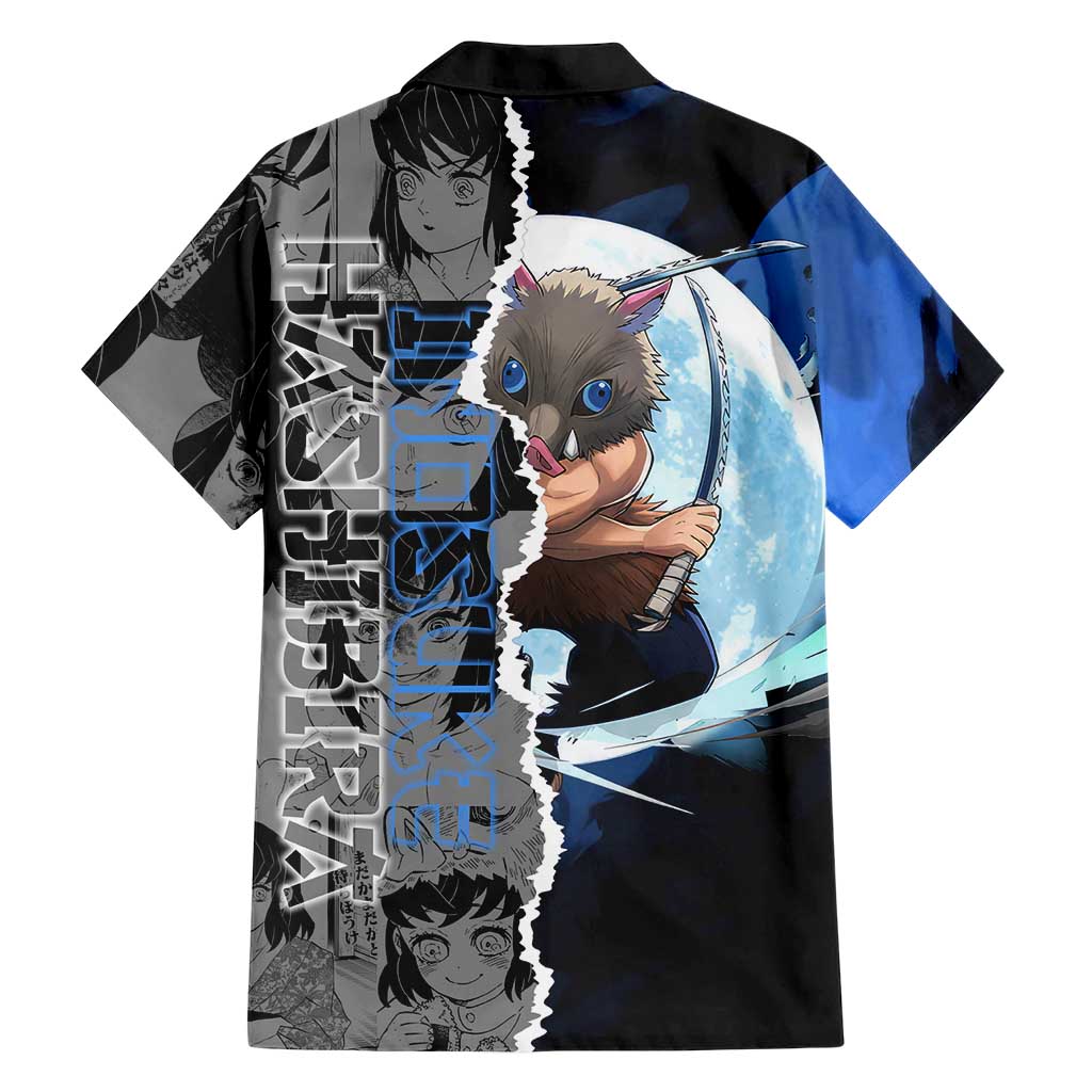 Inosuke Demon Slayer Blue and Black Theme Family Matching Puletasi and Hawaiian Shirt with Boar Mask and Manga Collage Action Design