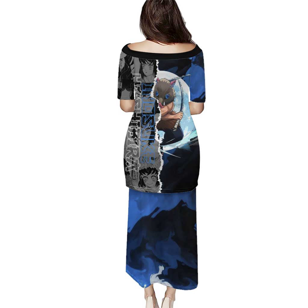 Inosuke Demon Slayer Blue and Black Theme Family Matching Puletasi and Hawaiian Shirt with Boar Mask and Manga Collage Action Design