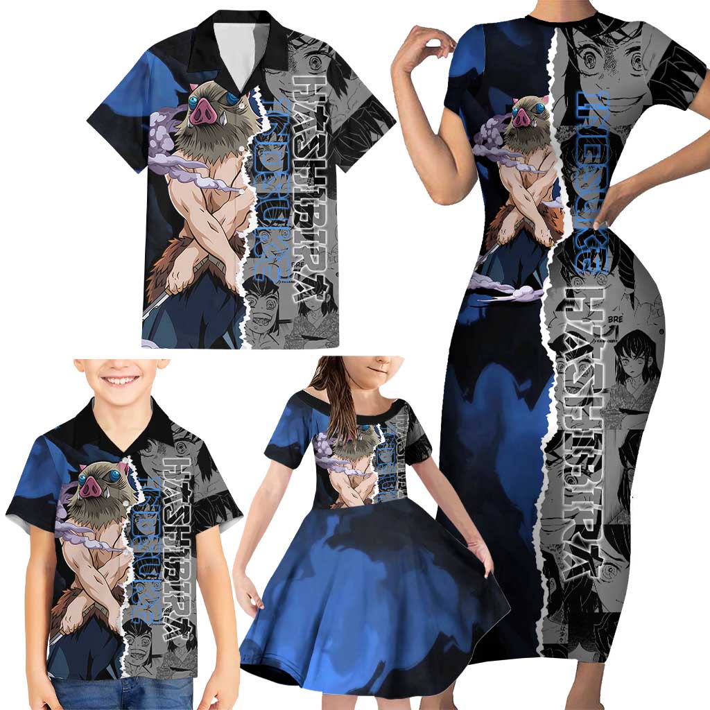 Inosuke Demon Slayer Blue and Black Theme Family Matching Short Sleeve Bodycon Dress and Hawaiian Shirt with Boar Mask and Manga Collage Action Design