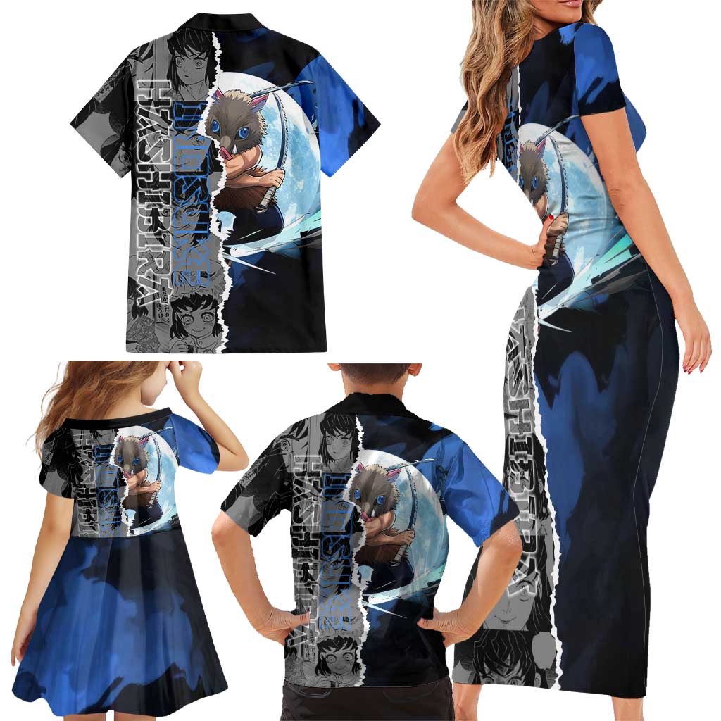 Inosuke Demon Slayer Blue and Black Theme Family Matching Short Sleeve Bodycon Dress and Hawaiian Shirt with Boar Mask and Manga Collage Action Design