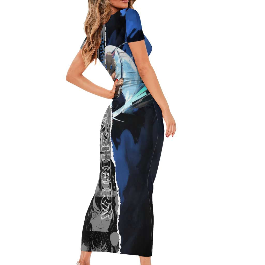 Inosuke Demon Slayer Blue and Black Theme Family Matching Short Sleeve Bodycon Dress and Hawaiian Shirt with Boar Mask and Manga Collage Action Design