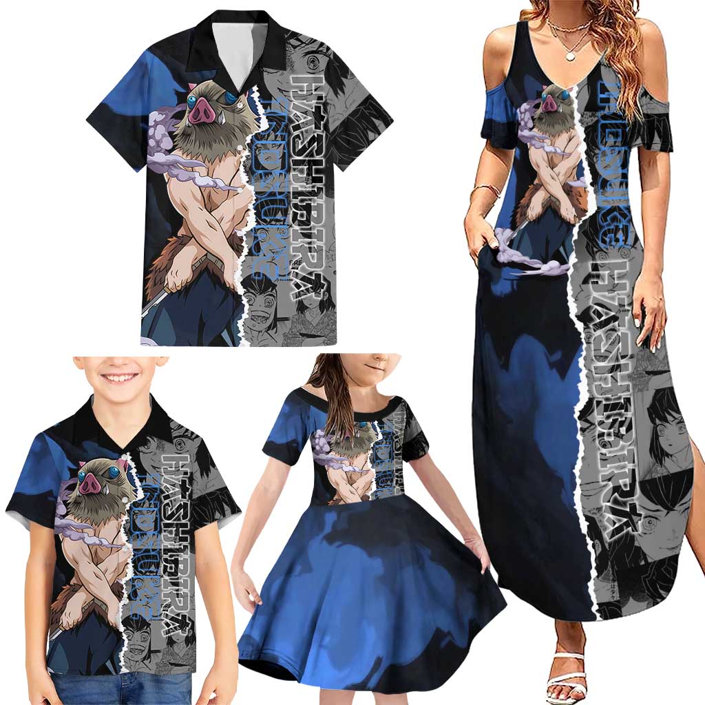 Inosuke Demon Slayer Blue and Black Theme Family Matching Summer Maxi Dress and Hawaiian Shirt with Boar Mask and Manga Collage Action Design