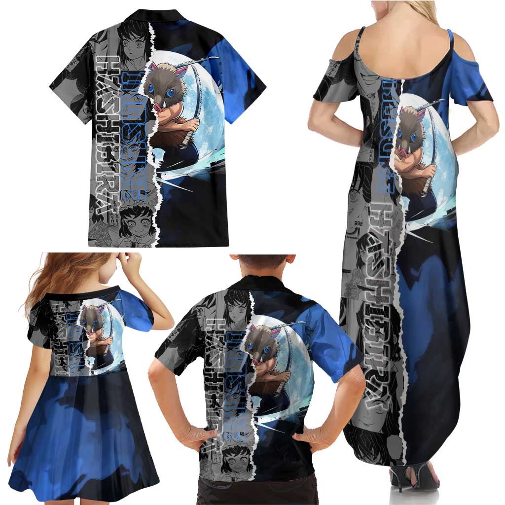 Inosuke Demon Slayer Blue and Black Theme Family Matching Summer Maxi Dress and Hawaiian Shirt with Boar Mask and Manga Collage Action Design