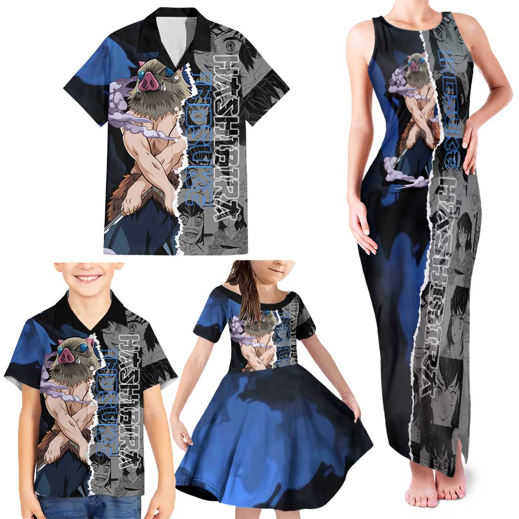 Inosuke Demon Slayer Blue and Black Theme Family Matching Tank Maxi Dress and Hawaiian Shirt with Boar Mask and Manga Collage Action Design