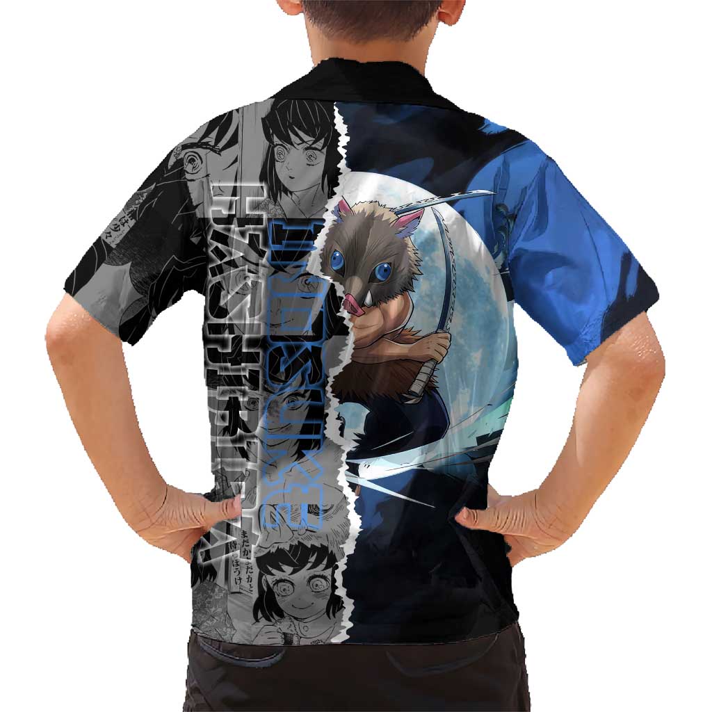 Inosuke Demon Slayer Blue and Black Theme Family Matching Tank Maxi Dress and Hawaiian Shirt with Boar Mask and Manga Collage Action Design