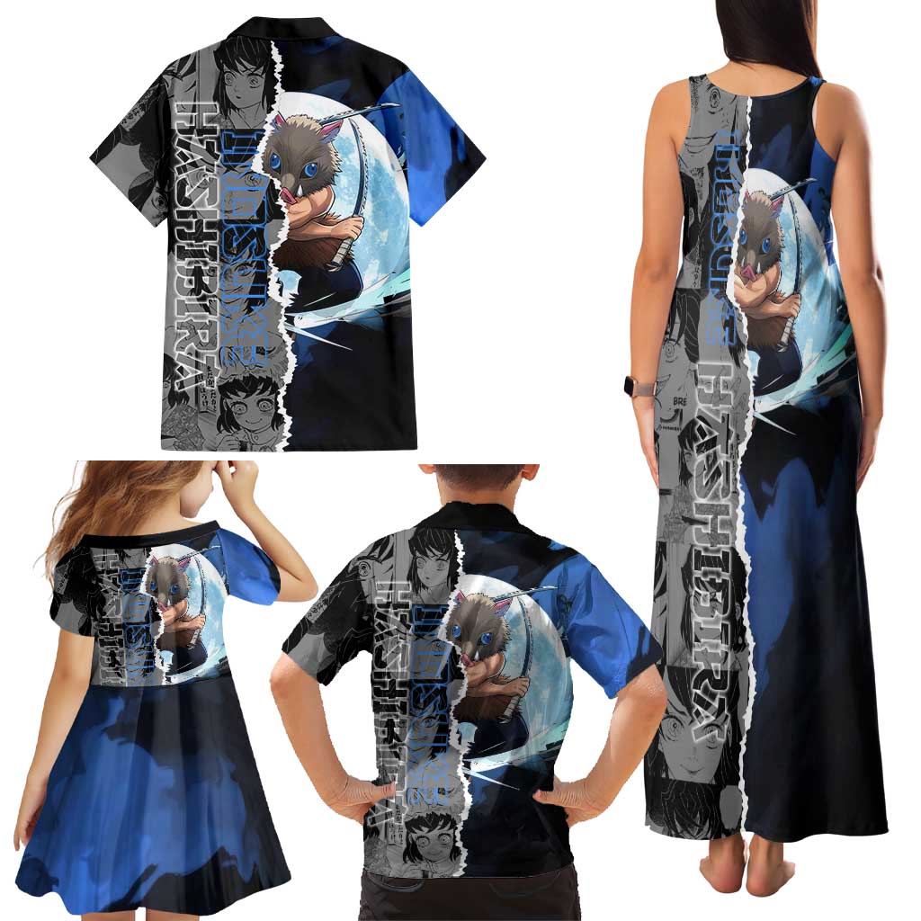 Inosuke Demon Slayer Blue and Black Theme Family Matching Tank Maxi Dress and Hawaiian Shirt with Boar Mask and Manga Collage Action Design