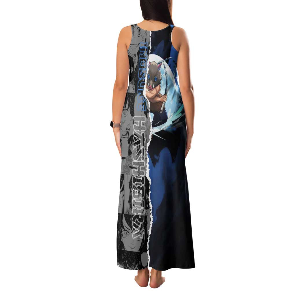 Inosuke Demon Slayer Blue and Black Theme Family Matching Tank Maxi Dress and Hawaiian Shirt with Boar Mask and Manga Collage Action Design