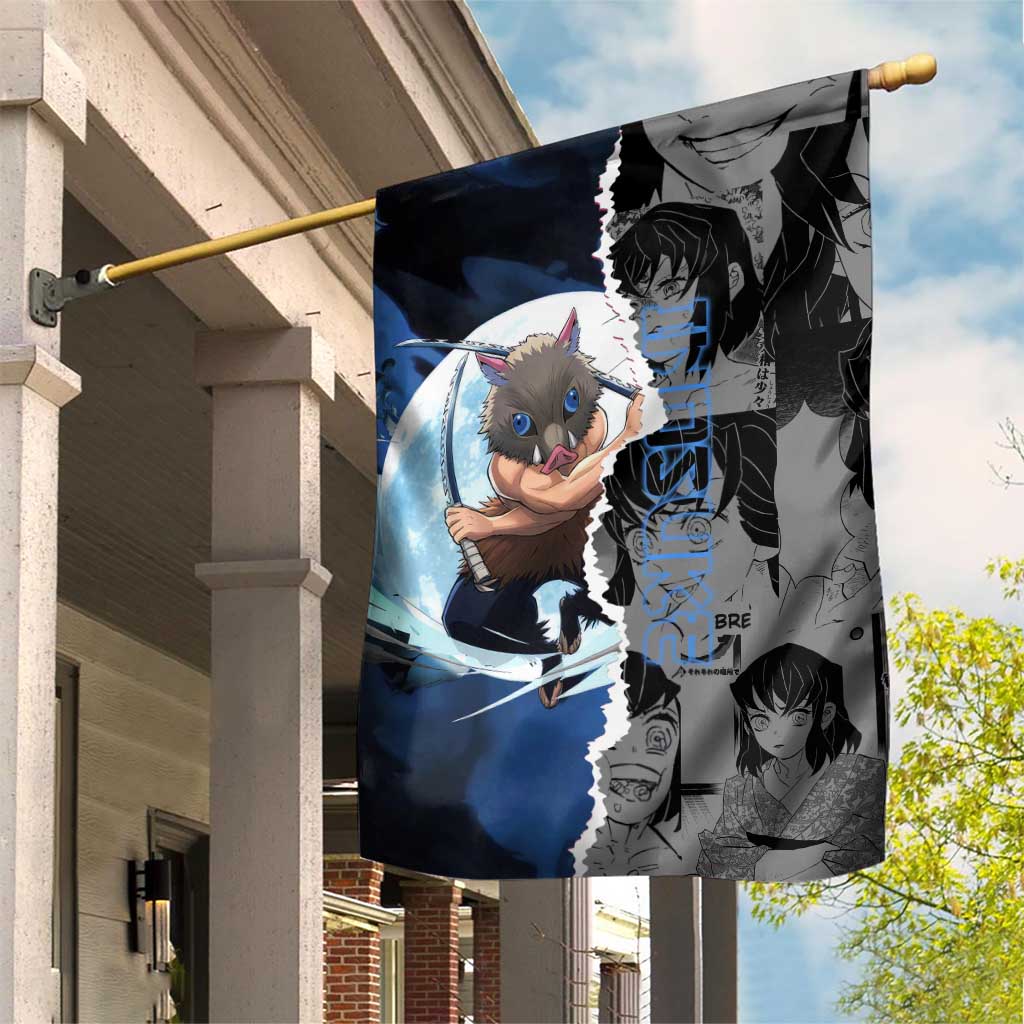 Inosuke Demon Slayer Blue and Black Theme Garden Flag with Boar Mask and Manga Collage Action Design - The Mazicc
