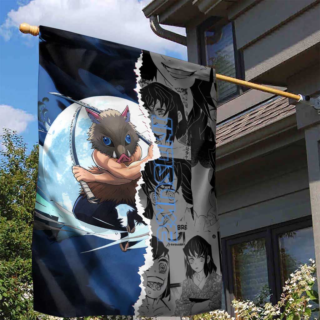 Inosuke Demon Slayer Blue and Black Theme Garden Flag with Boar Mask and Manga Collage Action Design - The Mazicc