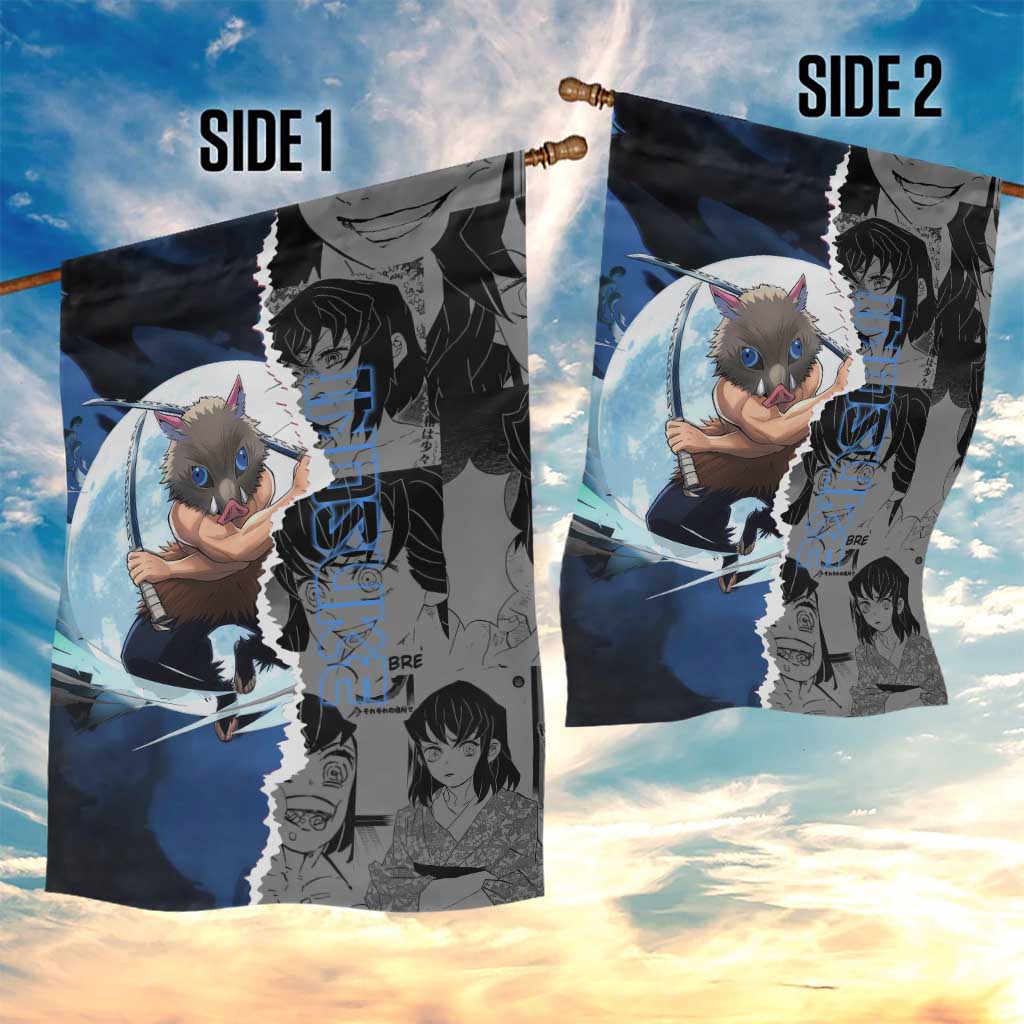 Inosuke Demon Slayer Blue and Black Theme Garden Flag with Boar Mask and Manga Collage Action Design - The Mazicc