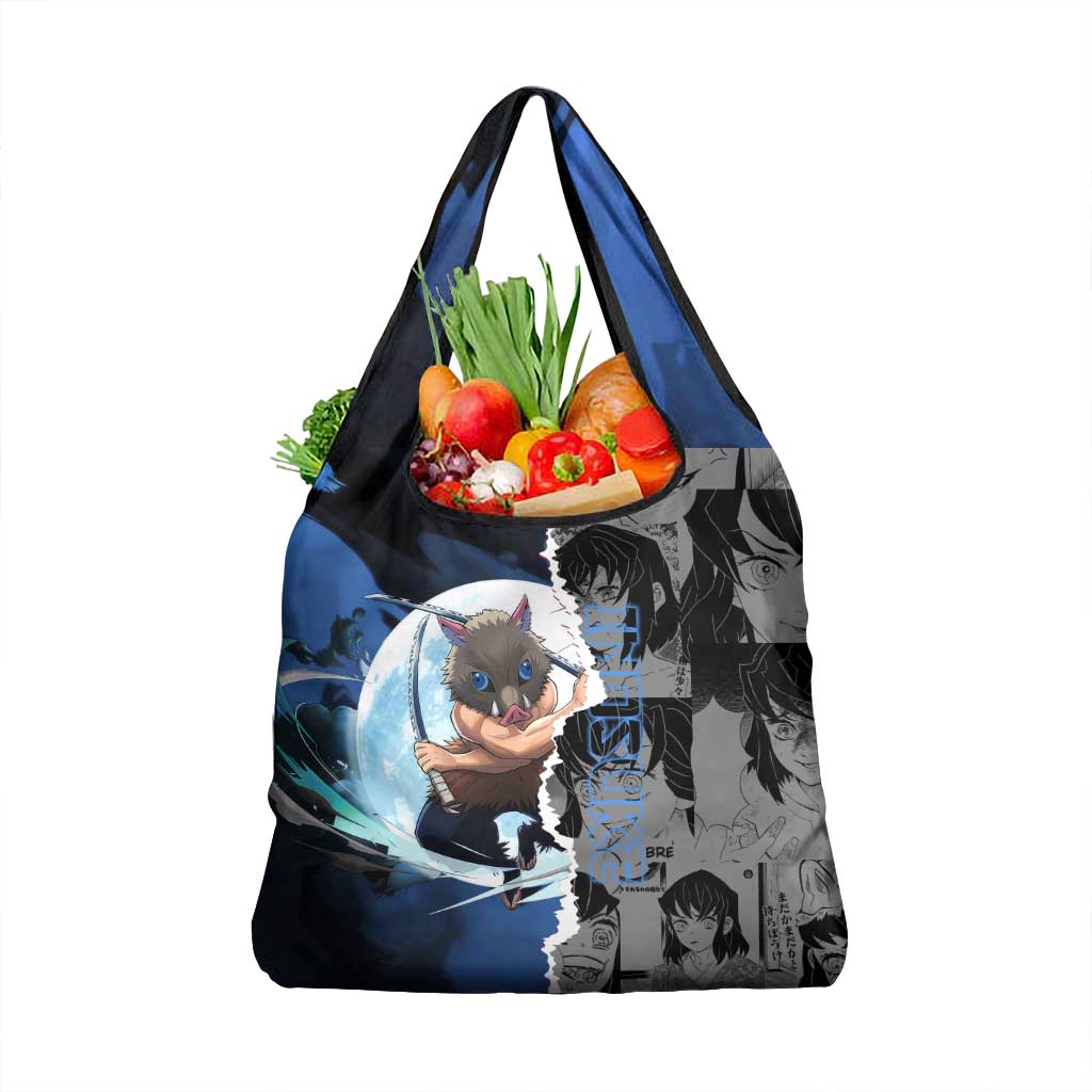 Inosuke Demon Slayer Blue and Black Theme Grocery Bag with Boar Mask and Manga Collage Action Design - The Mazicc