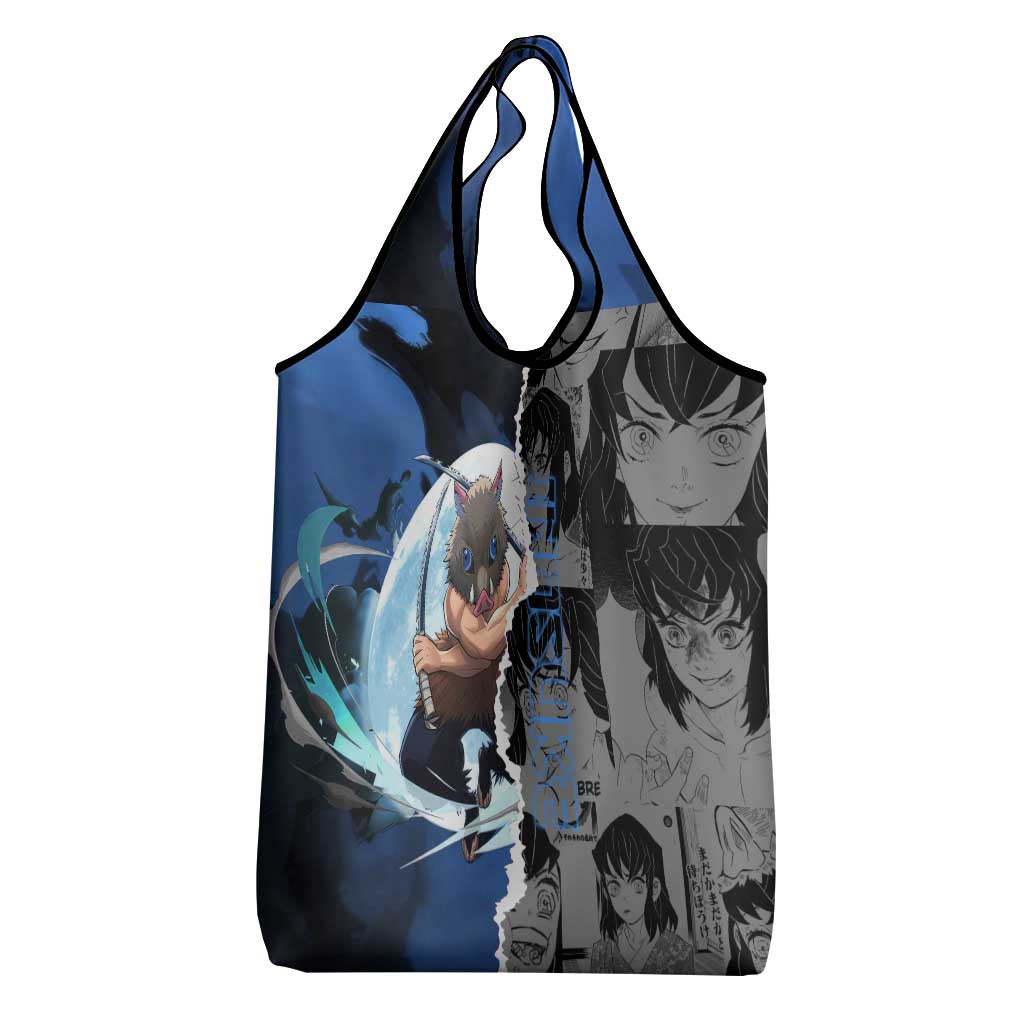 Inosuke Demon Slayer Blue and Black Theme Grocery Bag with Boar Mask and Manga Collage Action Design - The Mazicc