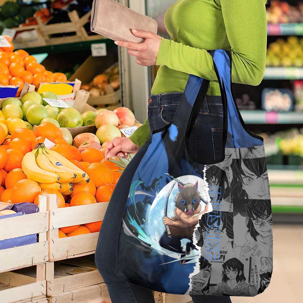 Inosuke Demon Slayer Blue and Black Theme Grocery Bag with Boar Mask and Manga Collage Action Design - The Mazicc