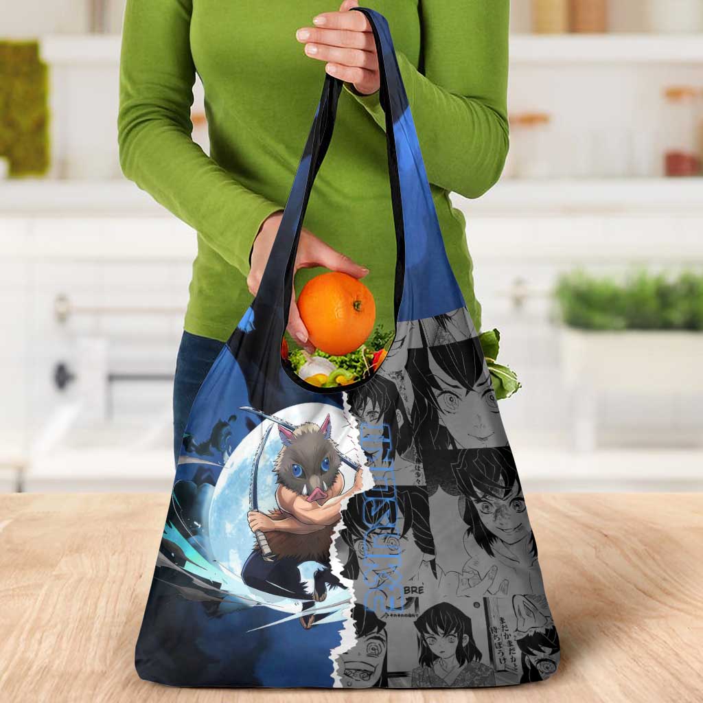 Inosuke Demon Slayer Blue and Black Theme Grocery Bag with Boar Mask and Manga Collage Action Design - The Mazicc