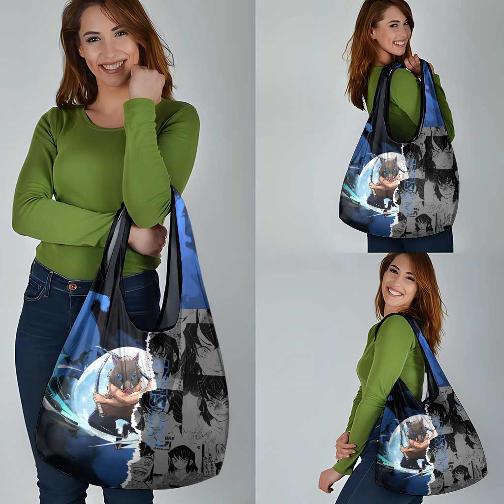 Inosuke Demon Slayer Blue and Black Theme Grocery Bag with Boar Mask and Manga Collage Action Design - The Mazicc