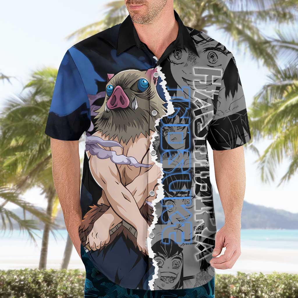 Inosuke Demon Slayer Blue and Black Theme Hawaiian Shirt with Boar Mask and Manga Collage Action Design - The Mazicc