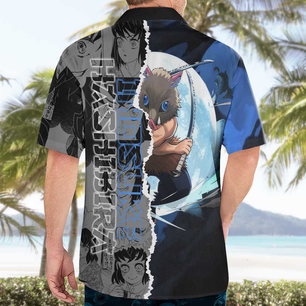 Inosuke Demon Slayer Blue and Black Theme Hawaiian Shirt with Boar Mask and Manga Collage Action Design - The Mazicc