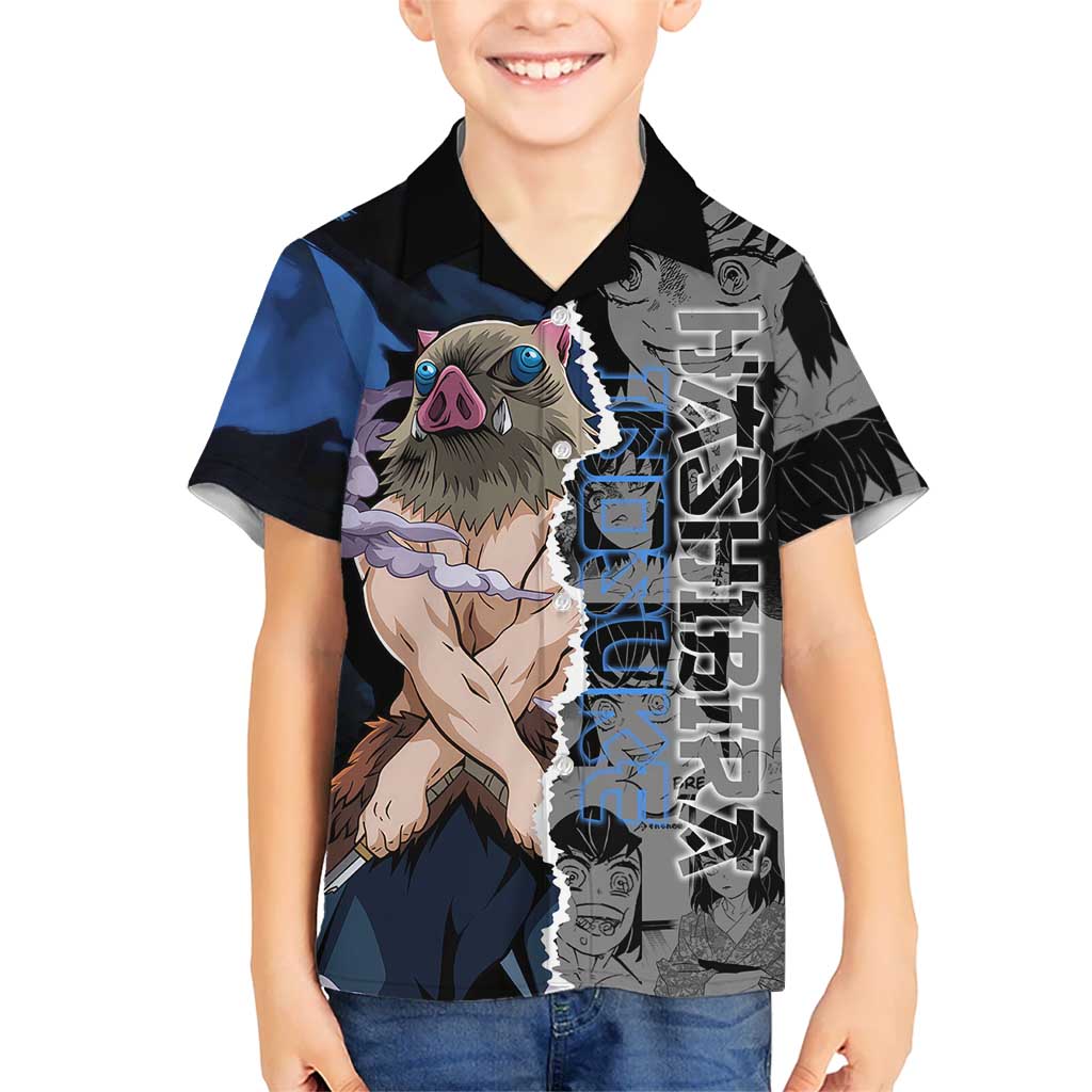 Inosuke Demon Slayer Blue and Black Theme Hawaiian Shirt with Boar Mask and Manga Collage Action Design - The Mazicc