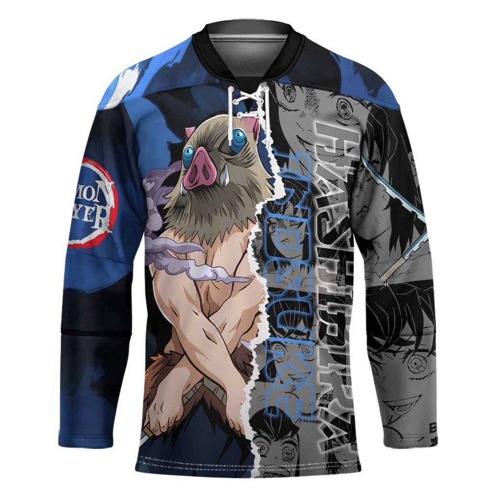 Inosuke Demon Slayer Blue and Black Theme Hockey Jersey with Boar Mask and Manga Collage Action Design - The Mazicc