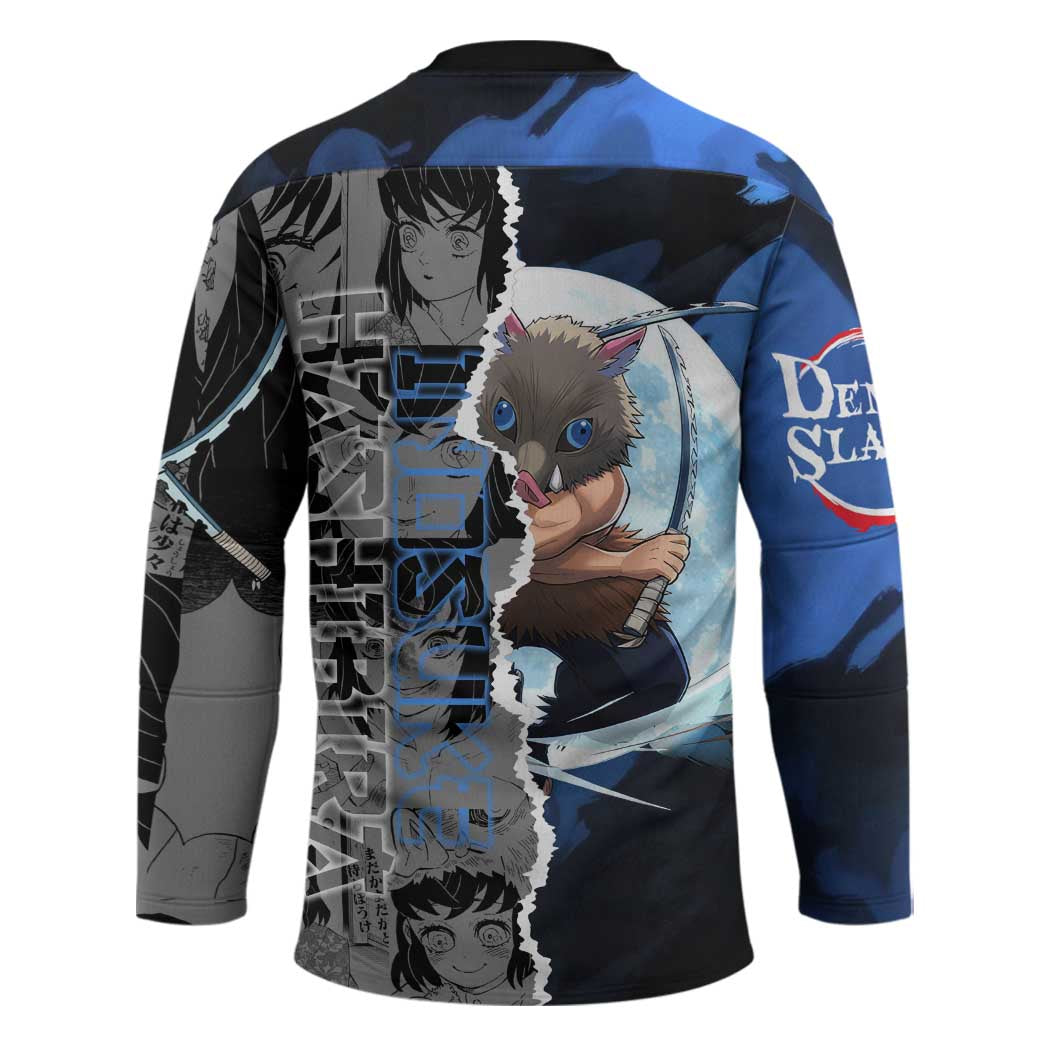Inosuke Demon Slayer Blue and Black Theme Hockey Jersey with Boar Mask and Manga Collage Action Design - The Mazicc