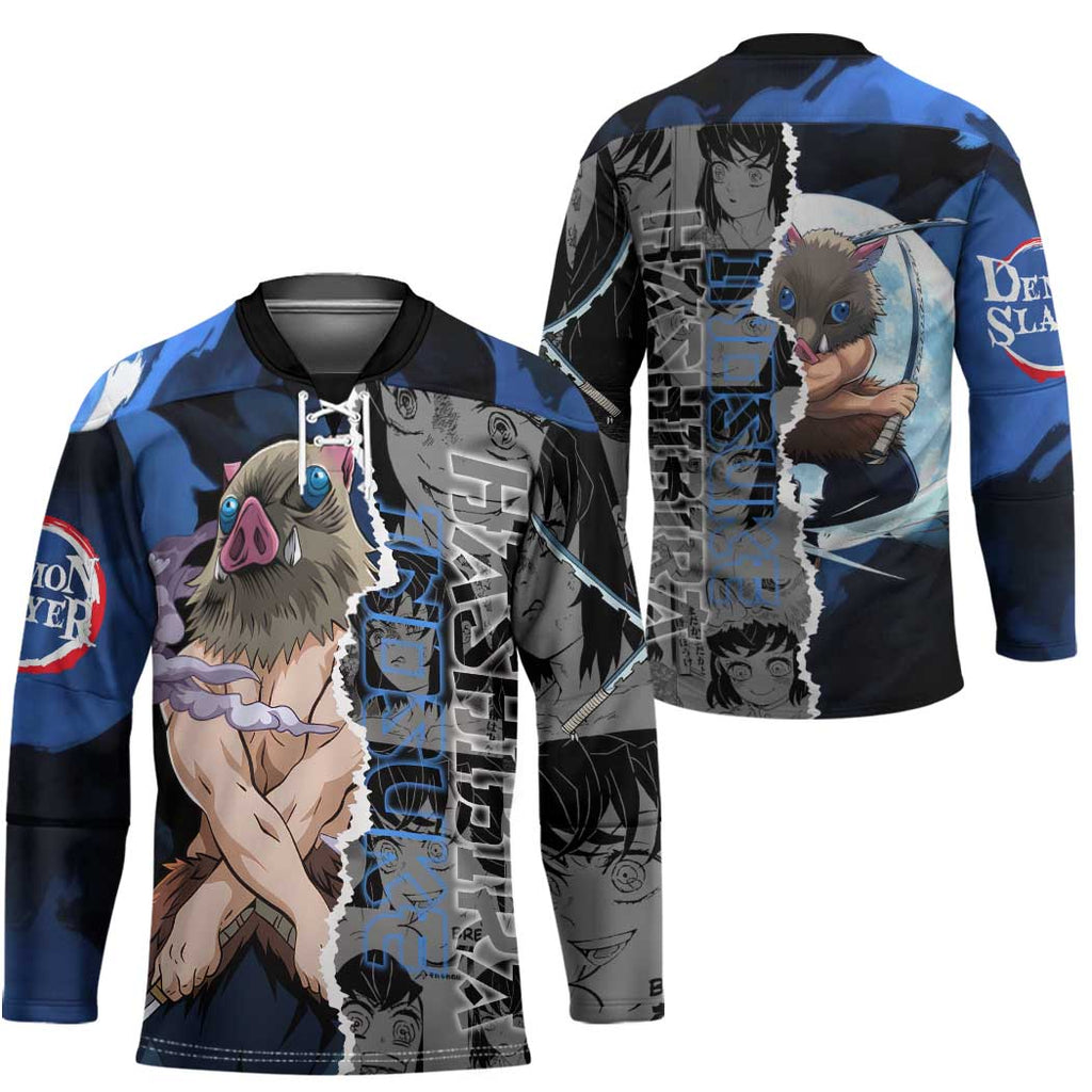 Inosuke Demon Slayer Blue and Black Theme Hockey Jersey with Boar Mask and Manga Collage Action Design - The Mazicc