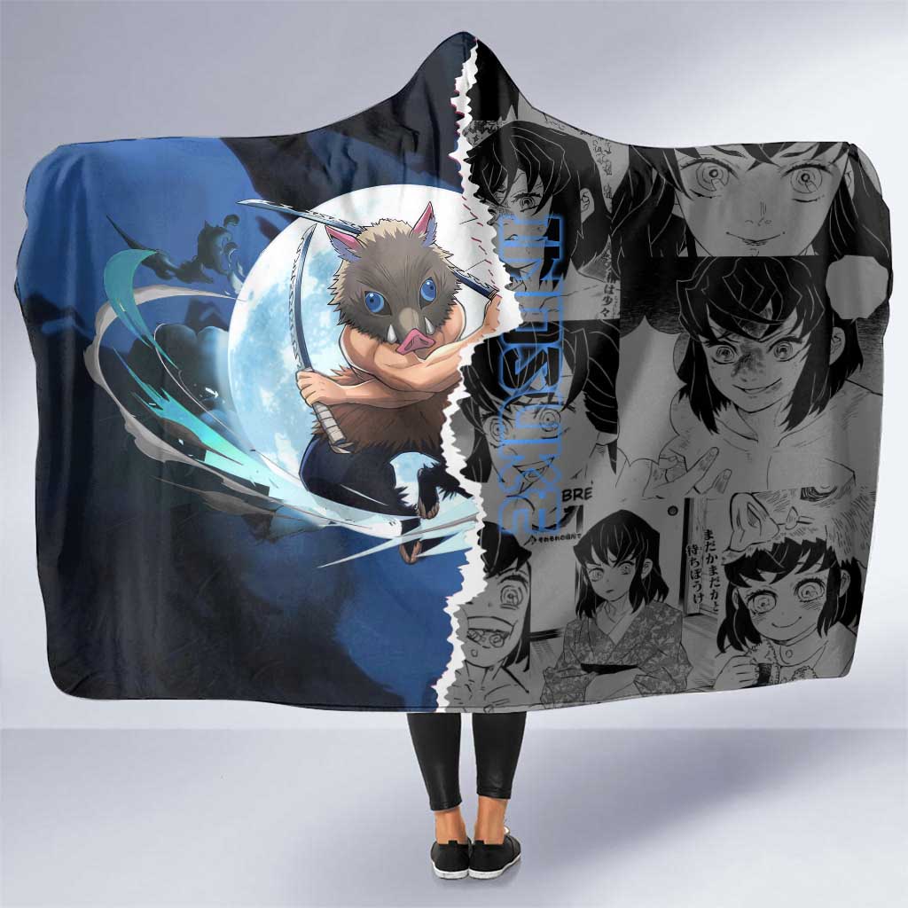 Inosuke Demon Slayer Blue and Black Theme Hooded Blanket with Boar Mask and Manga Collage Action Design - The Mazicc