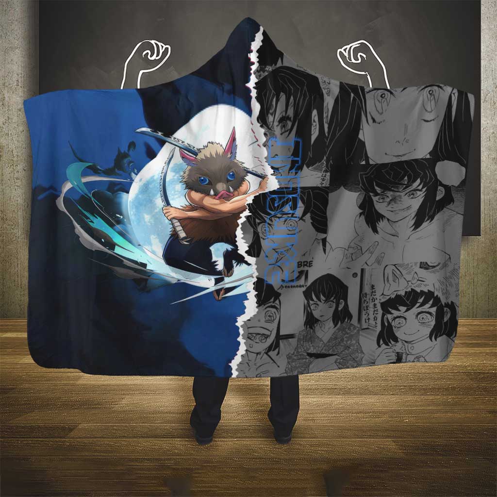 Inosuke Demon Slayer Blue and Black Theme Hooded Blanket with Boar Mask and Manga Collage Action Design - The Mazicc