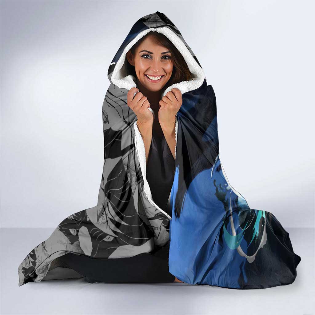 Inosuke Demon Slayer Blue and Black Theme Hooded Blanket with Boar Mask and Manga Collage Action Design - The Mazicc